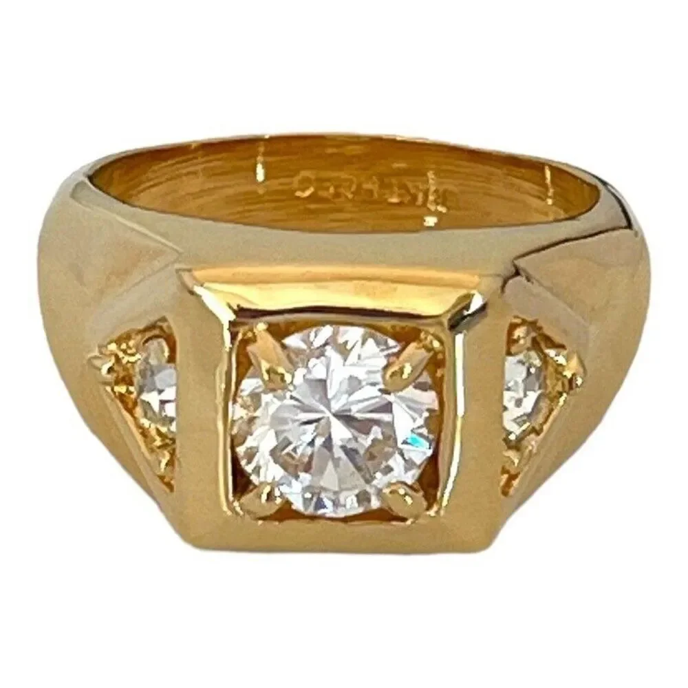 Vintage 1970s Ring Size 9 CZ Square Prong Set Gold Plated Band - 14O